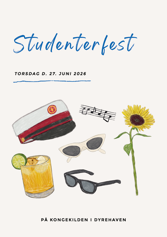 
                Denne festlige invitation, indkapsler glæden ved studentertiden. Med håndtegnede illustrationer og sjove skrifttyper, sættes scenen til din studenterfest. Ønsker du at skabe en rød tråd til din studenterfest, har vi bordkort, menukort, velkomstskilte, gæstebøger og meget mere.                